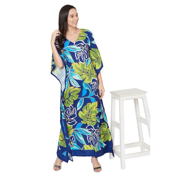 Gypsie Blu Women Plus Size Leaf Print Kaftan Maxi Dress for Beach Party Cover Up - Picture 9 of 10